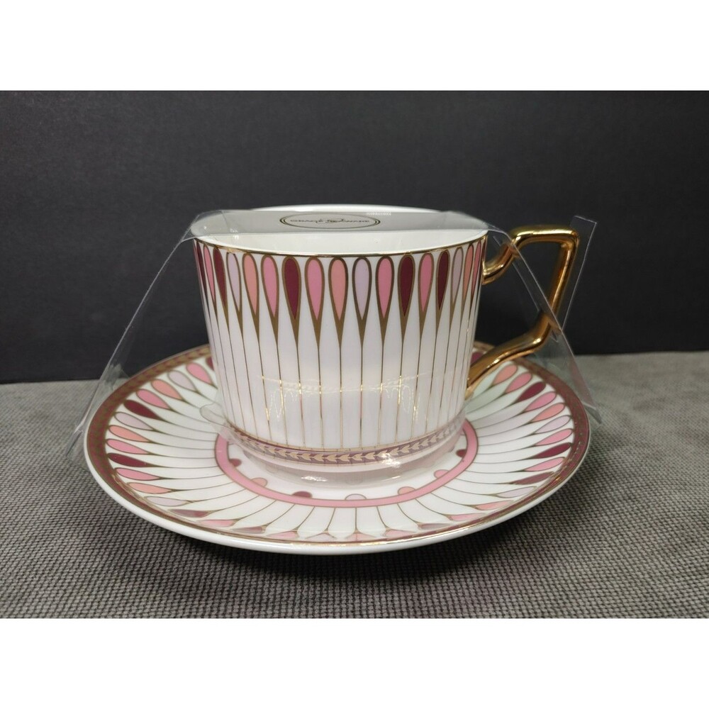 Grace Teaware Fine Porcelain Pink White Gold Teardrop Cup And Saucer Art Deco
